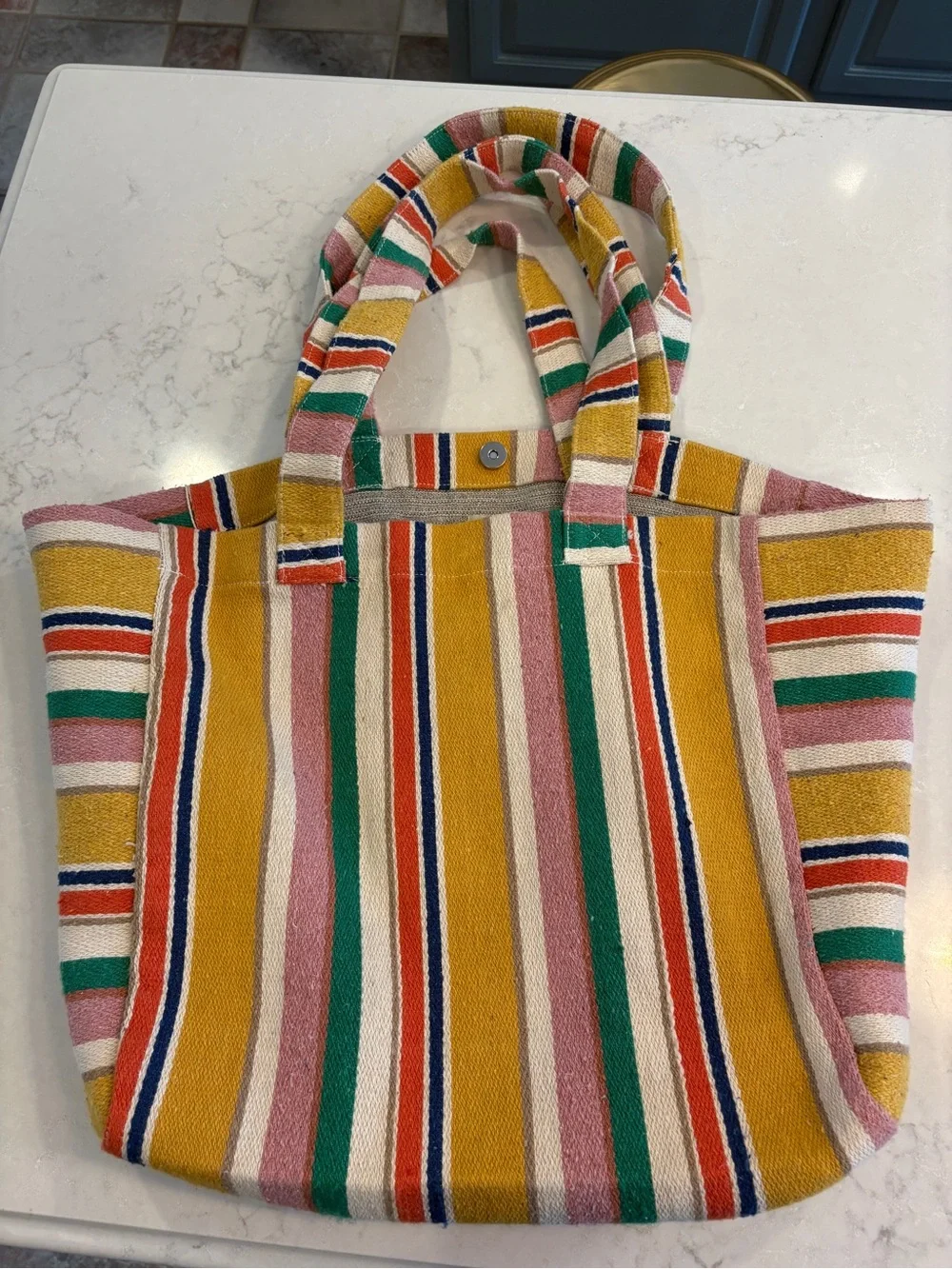 Multicolor Striped Canvas Tote Bag - Mustard, Pink & Green